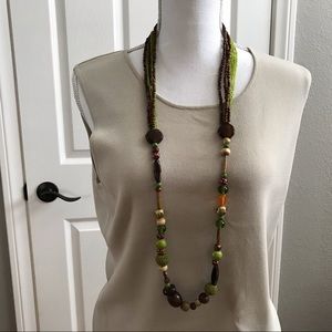 42” necklace green, brown and various other beads